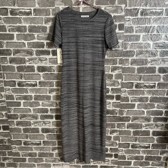 REFORMATION Jeans Perry Charcoal Stretchy Midi Dress Short Sleeve Lettuce Hem - Picture 2 of 10